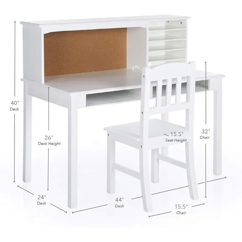 Kids Media Desk and Chair Set - White: Kids Writing Desk with Hutch and Storage Shelves, Computer Workstation