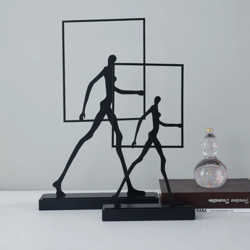 Home Decor Statues Metal Handicraft Abstract Wrought Iron Figures Square Frame Walking People Portrait Cropping Figurines Decor