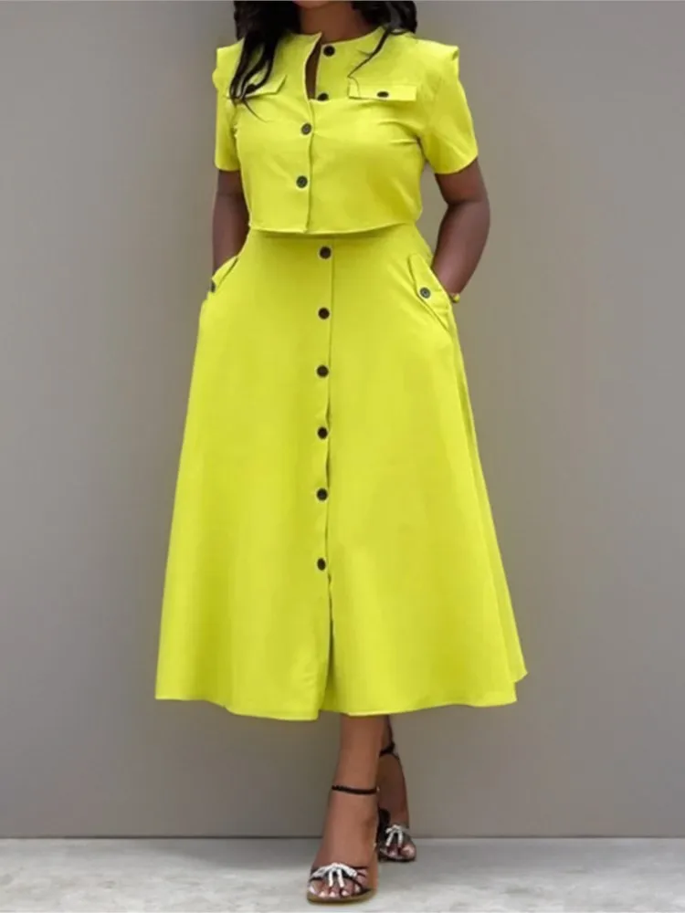 Two Piece Set For Women Summer Short Sleeve O-Neck Button Shirt Commuting Casual 2 Piece Sets Office Elegant Short Sleeves Skirt