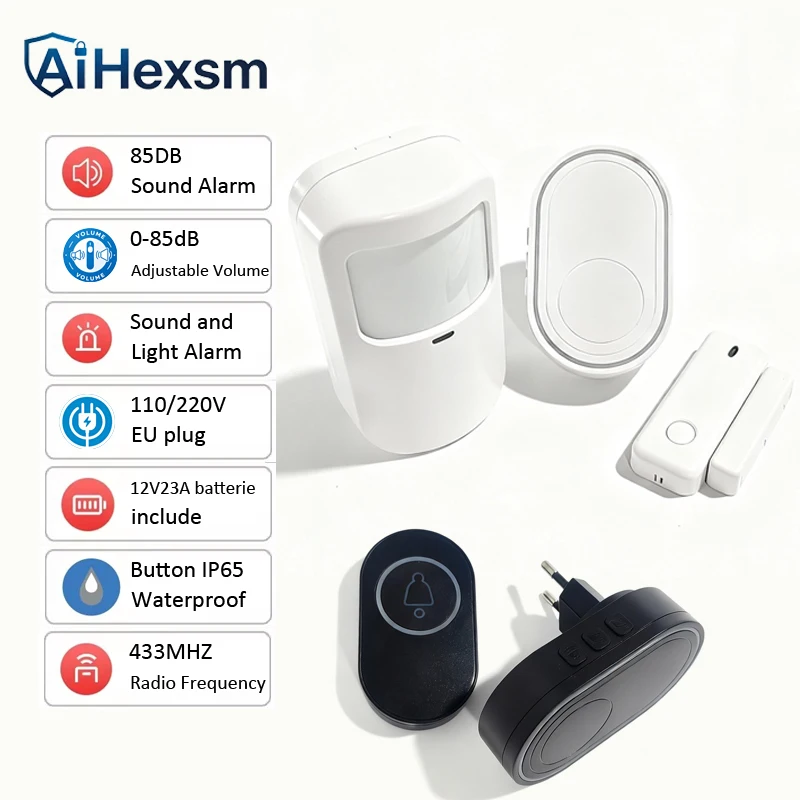 EU Plug Wireless Welcome Doorbell Door Window Gap Prompt Alarm PIR Motion Sensor Split Induction Intelligent 39 Chime Ringtone