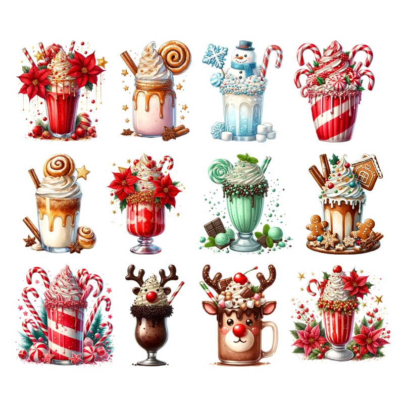 Kids Cute Christmas Cake cup Gingerbread cinnamon Iron On Transfer Stickers Diy DTF Heat Transfer Sticker T-shirt Clothes Decals
