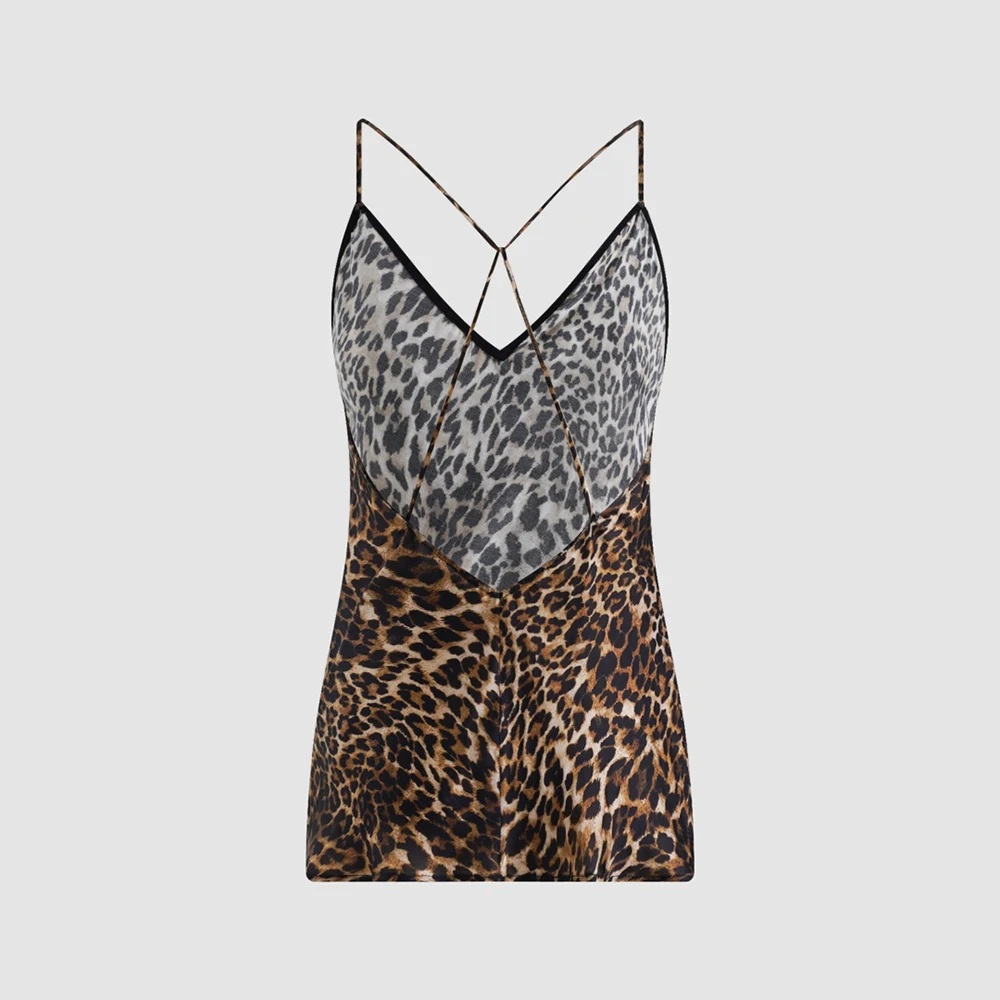 Ladies Leopard Print Camisole V‑Neck Criss‑Cross Straps Back Sleeveless Tank Top Slim Vest for Daily Club Party Streetwear