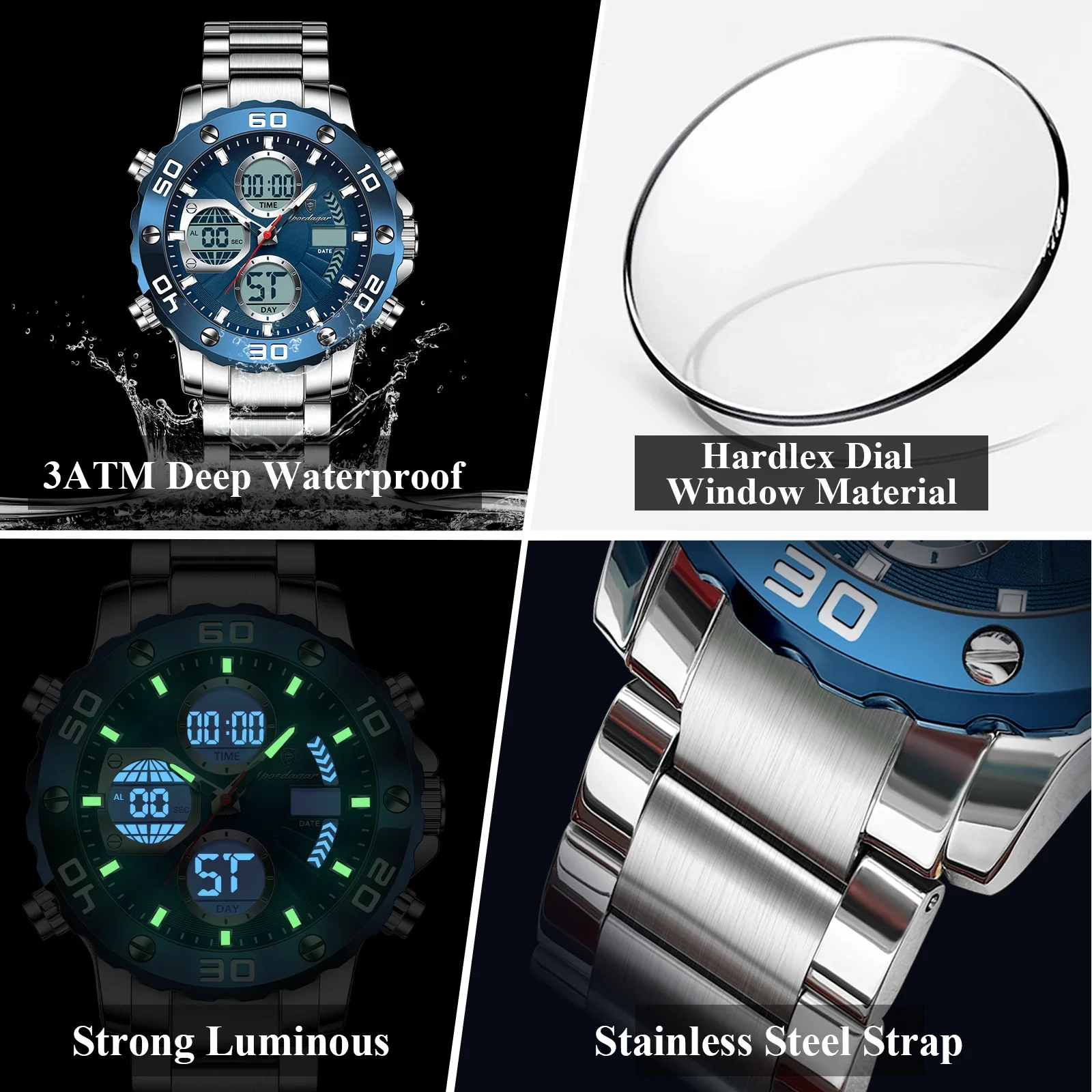 POEDAGAR Sport Wristwatch for Man LED Alarm Dual Time Display Digital Quartz Men Watch Electronic Waterproof Men's Watches Reloj