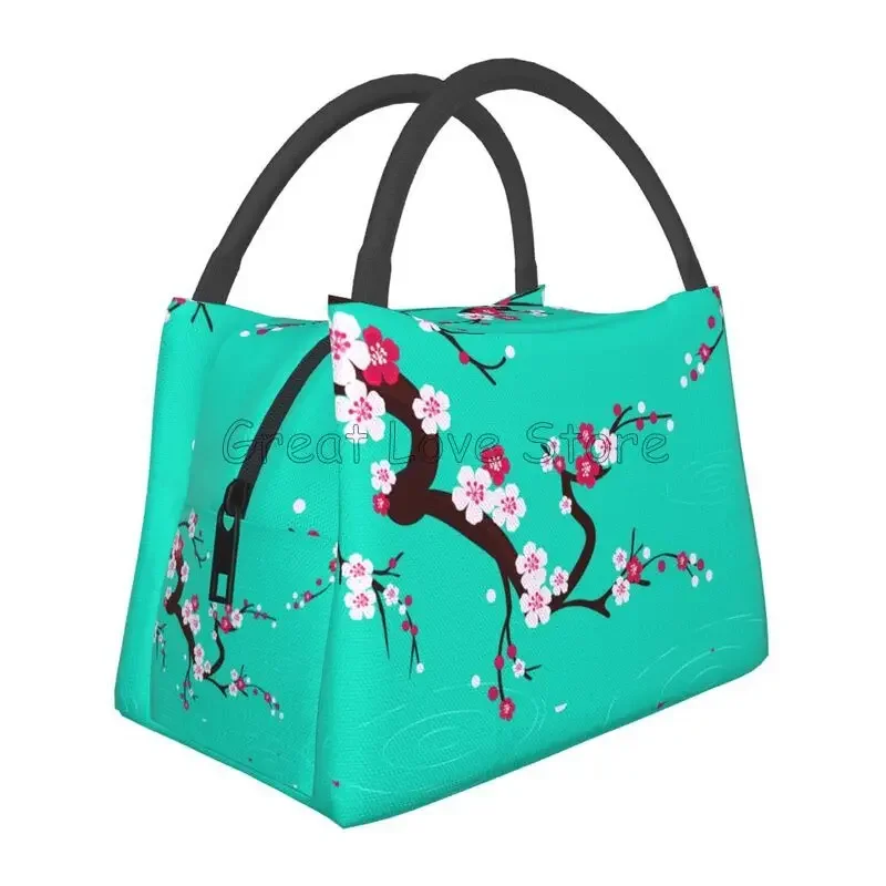 Japanese Sakura Cherry Blossoms Print Thermal Lunch Bag Women Reusable Portable Insulated Lunch Box for Travel Picnic Work
