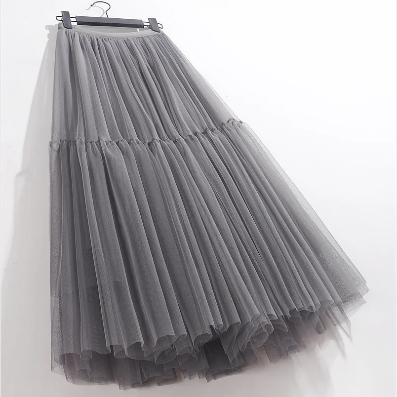 2024 Summer High Waist Long Tulle Skirts Spring Autumn Woman Solid Color A Line Tutu Skirts Female Pleated Mesh Clothing