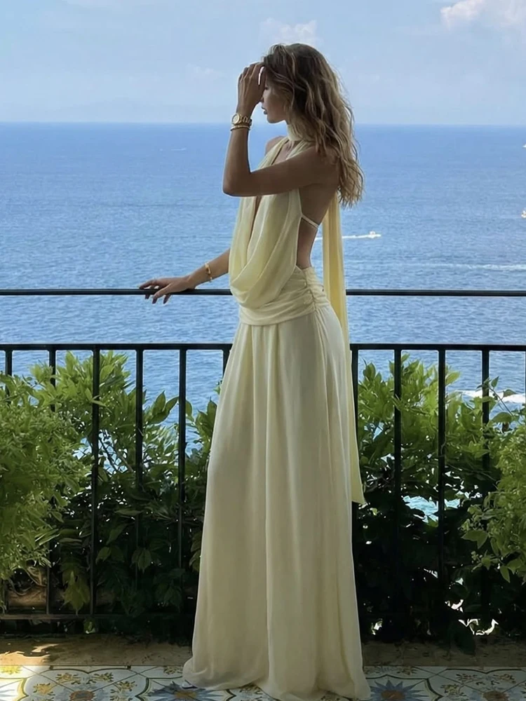 Nibber Urlaubs-Maxikleid für Damen, Rückenfrei, Ärmellos, mit Falten, Neckholder, Quasten, Schwingkragen, Elegantes Sommer-Strandparty-Kleid – Detail 7