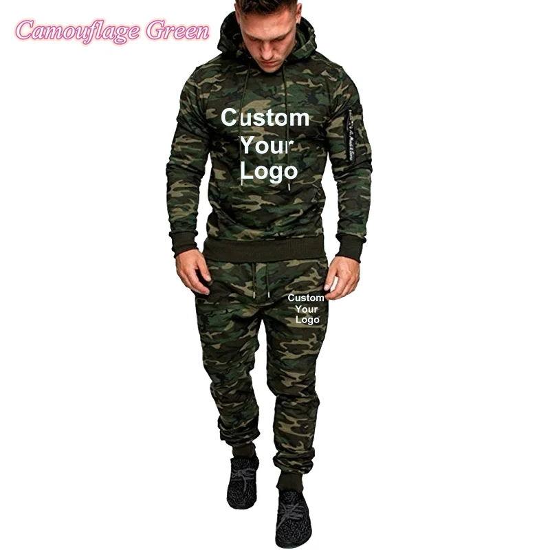 Men Custom Your Logo Camouflage Hoodie Pants Set Casual Long Sleeve Pullover Sweatshirt Trousers Sportsuit Set