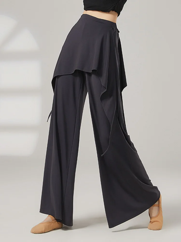 سراويل رقص باليه فضفاضة عالية الخصر للسيدات، سراويل واسعة الساق بلون سادة ذات طبقات من قطعتين لأداء التدريب