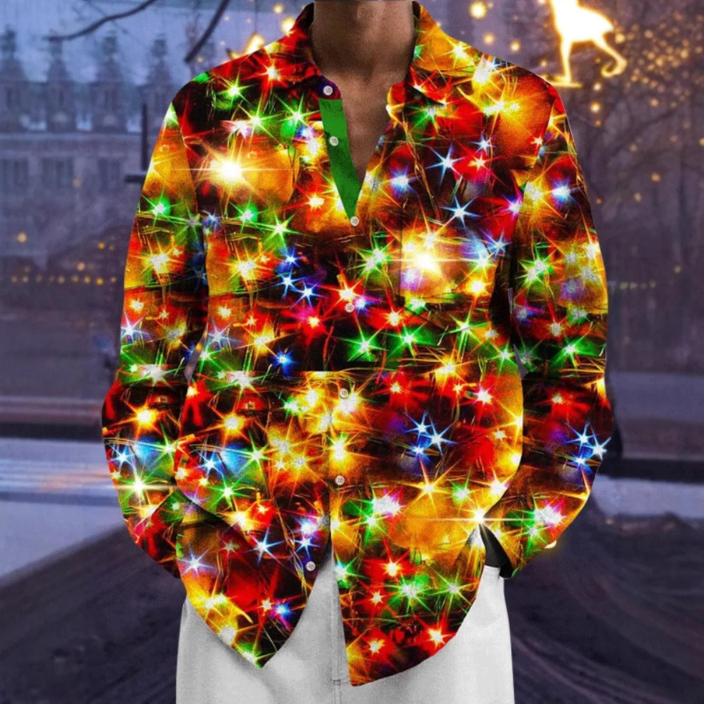 Hawaiian Button Up Shirts Festival Sparkle Starlight Colors Printed Full Sleeve Streetwear Breathable Casual Beach Dress Shirt