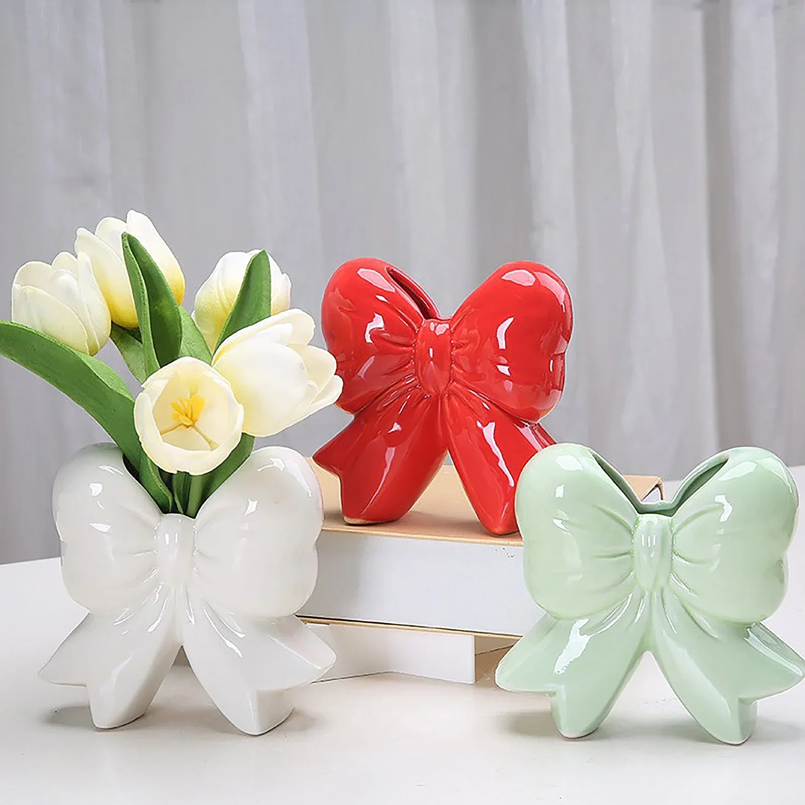 

Bowknot Shaped Ceramic Vase, Red/Pink/Light Green/White Flower Vase, Elegant Tabletop Decor for Home, Tabletop Ceramic Decor