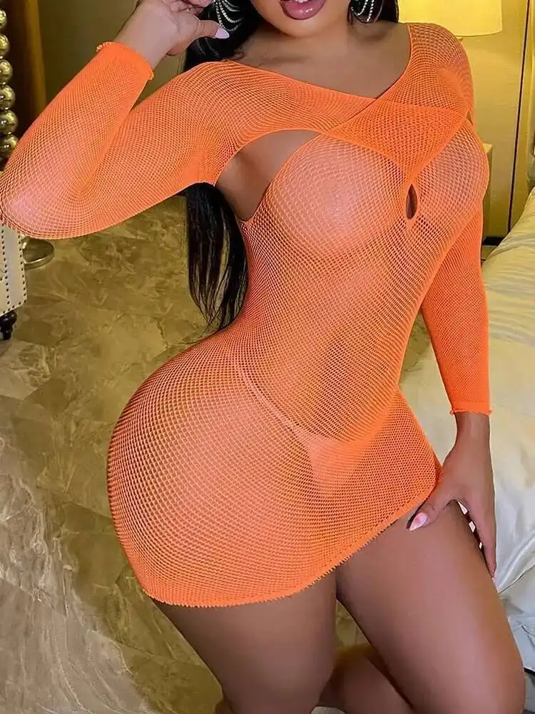 Kreuz Langarm, Figurbetontes Kleid, elegant, sexy, orange, rückenfrei, Nachtwäsche, enges Netzkleid, Netzspitze, durchsichtig, heißes sexy Top TQ6F