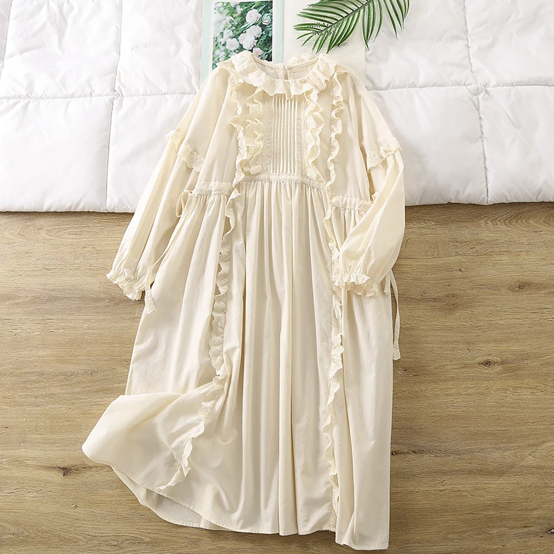 New Spring Autumn Ruffles Pleated Dress Women Clothing Beige Gray Color Loose Long Sleeved Female Cotton Dresses Robe U083 - view 3