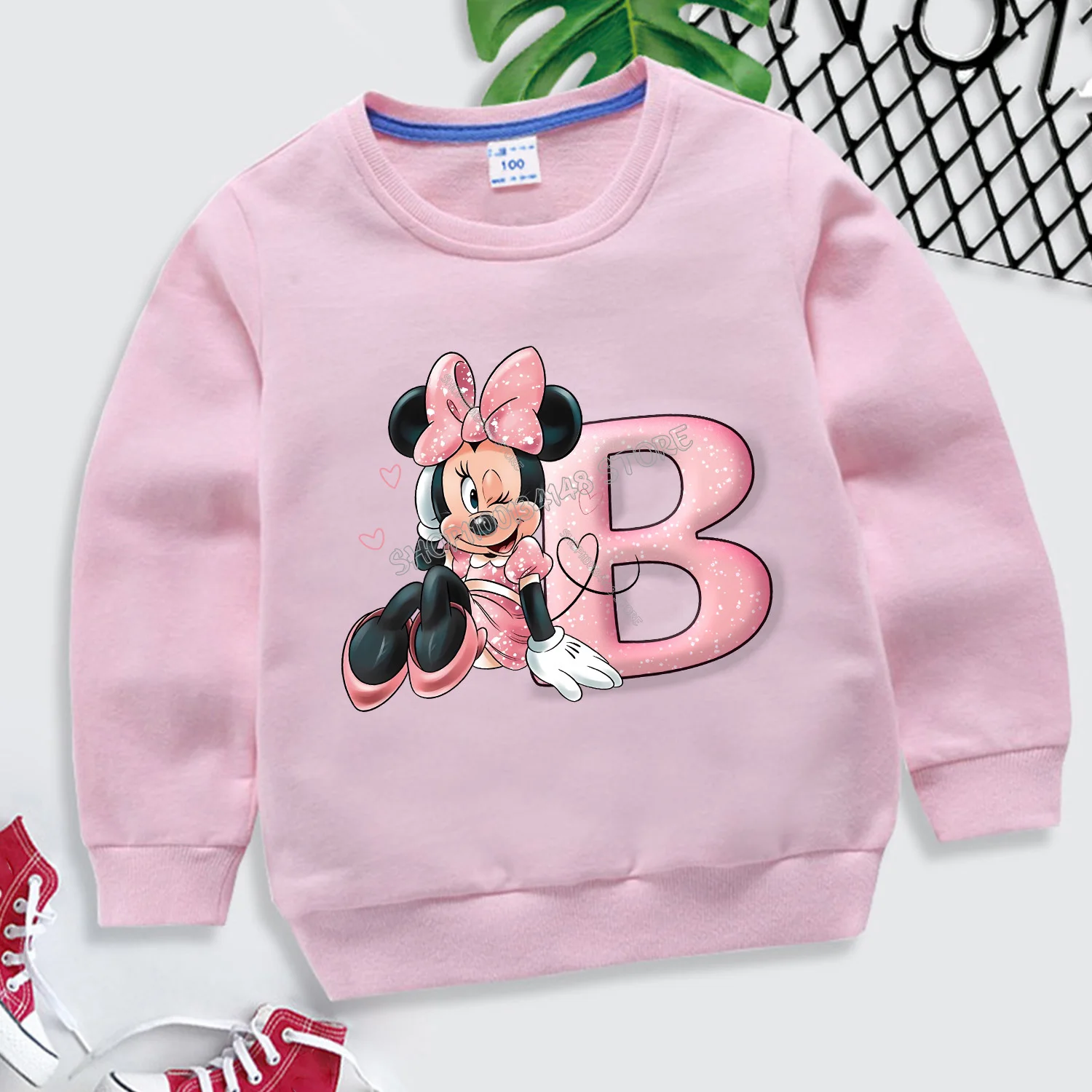 Disney Minnie Mouse Hoodie สําหรับเด็ก A-Z Letter การ์ตูนเสื้อกันหนาวแฟชั่นสาวแขนยาวผ้าฝ้าย Caftan รอบคอเสื้อผ้า