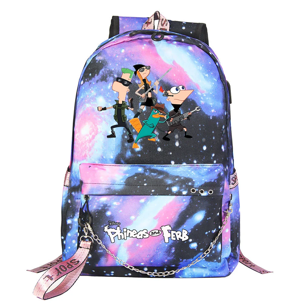 Imagem -03 - Phineas e Ferb Mochila Usb para Homens e Mulheres Mochila Escolar Mochila para Laptop Mochila de Viagem Mochila de Corrente