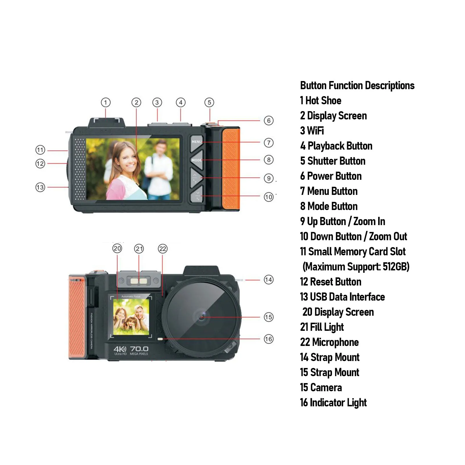 Цифровая камера 4K 70MP 50-кратный зум с автофокусом, широкоугольная зеркальная камера F1.8 с двойной вспышкой для путешествий, цифровая камера 4K