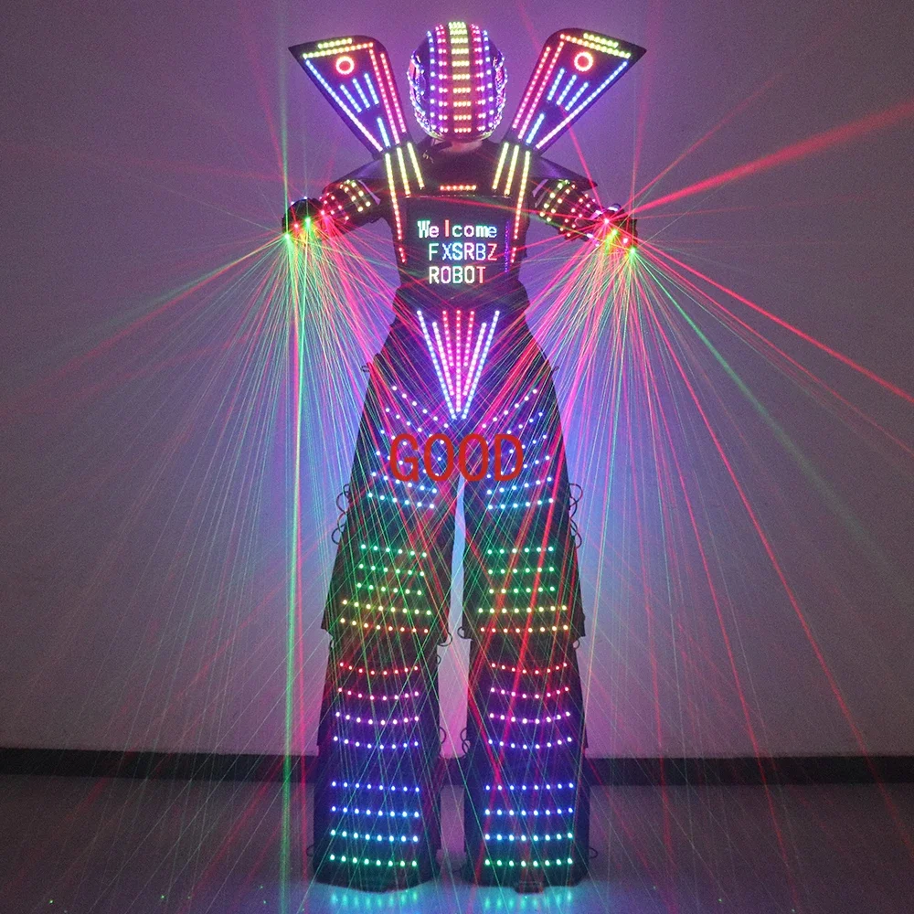 Full Color Smart Pixels LED Robot Suit Costume Light Up Stilts Walker Clothing Luminous Jacket Chest Display Helmet Laser Gloves