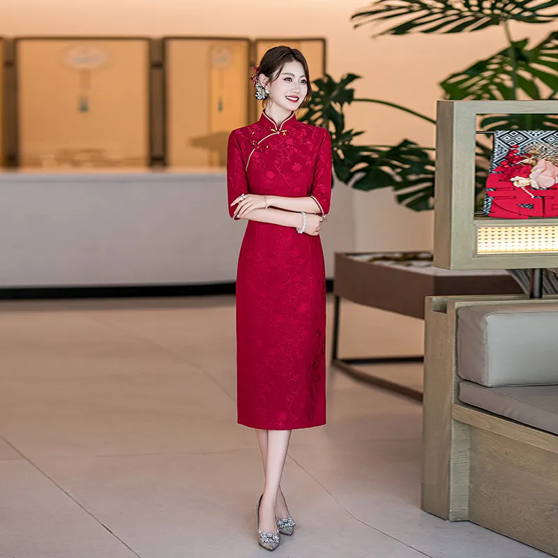 Spring Autumn Red National Style New Chinese Suzhou Long Sleeve Autumn Improved Cheongsam Female Qipao Dress