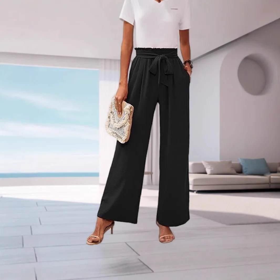 2025 Venta caliente pantalones para mujer Color sólido moda arco cinturón temperamento bolsillo alta cintura ancha pantalones de mujer