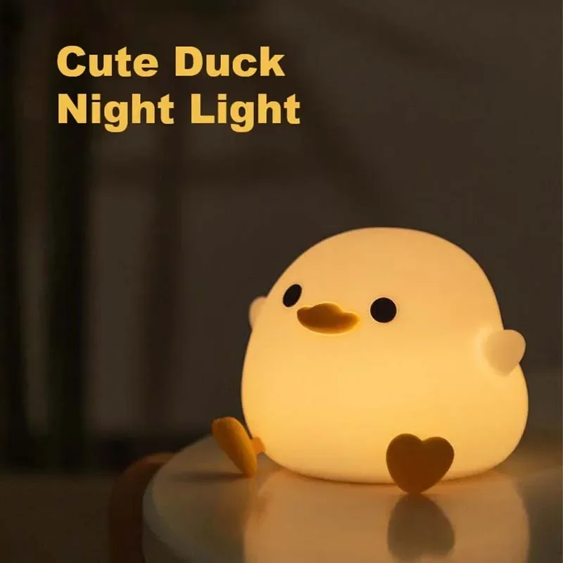 LED Cartoon Duck Night Light Timer Function Portable 2 Gears Lights Rechargeable Silicone Patting Lamp for Kids Baby Sleep Gift