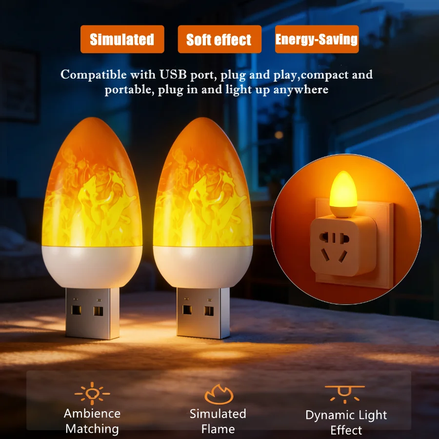 New Dynamic Flame USB LED Flame Flame Candle Lights Flash LED Atmosphere Portable Book Lamp Camping Lighting Bedroom Decoration