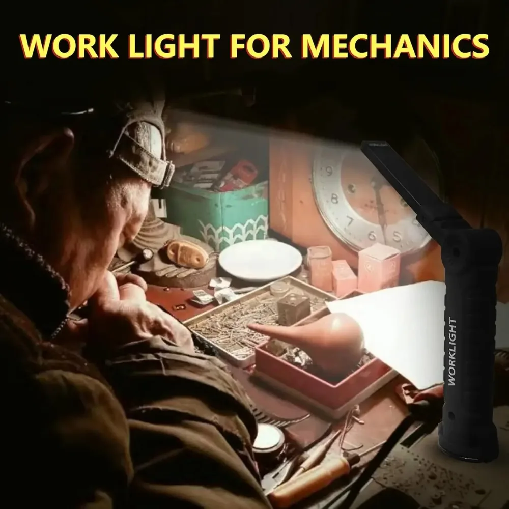 Lanterna de Trabalho Multifuncional Rotativa, Lanterna Recarregável USB com Ímã/Gancho, Ideal para Inspeção de Reparos Automotivos e Emergências