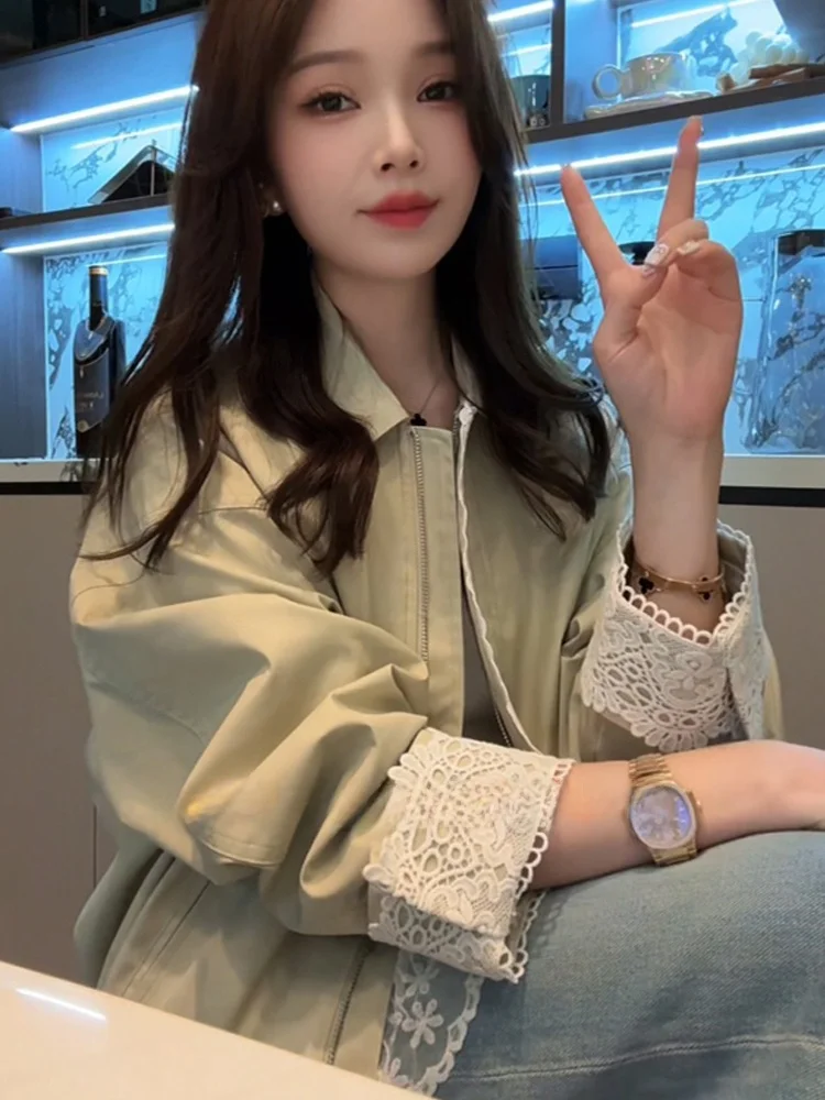 Korean Faion Design Lace Splicing Workwear Jaet Men Women Spring Autumn Barn Sle Vintage Collar Jaet Top