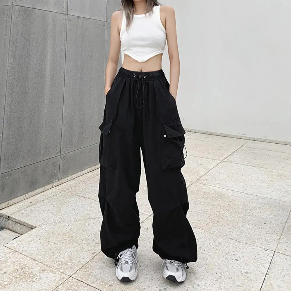 Cargo Pants High Waist Oversized Multi Pockets Quick Dry Drawstring Full Length Ankle-banded Hip Hop Streetwear Lady Trousers