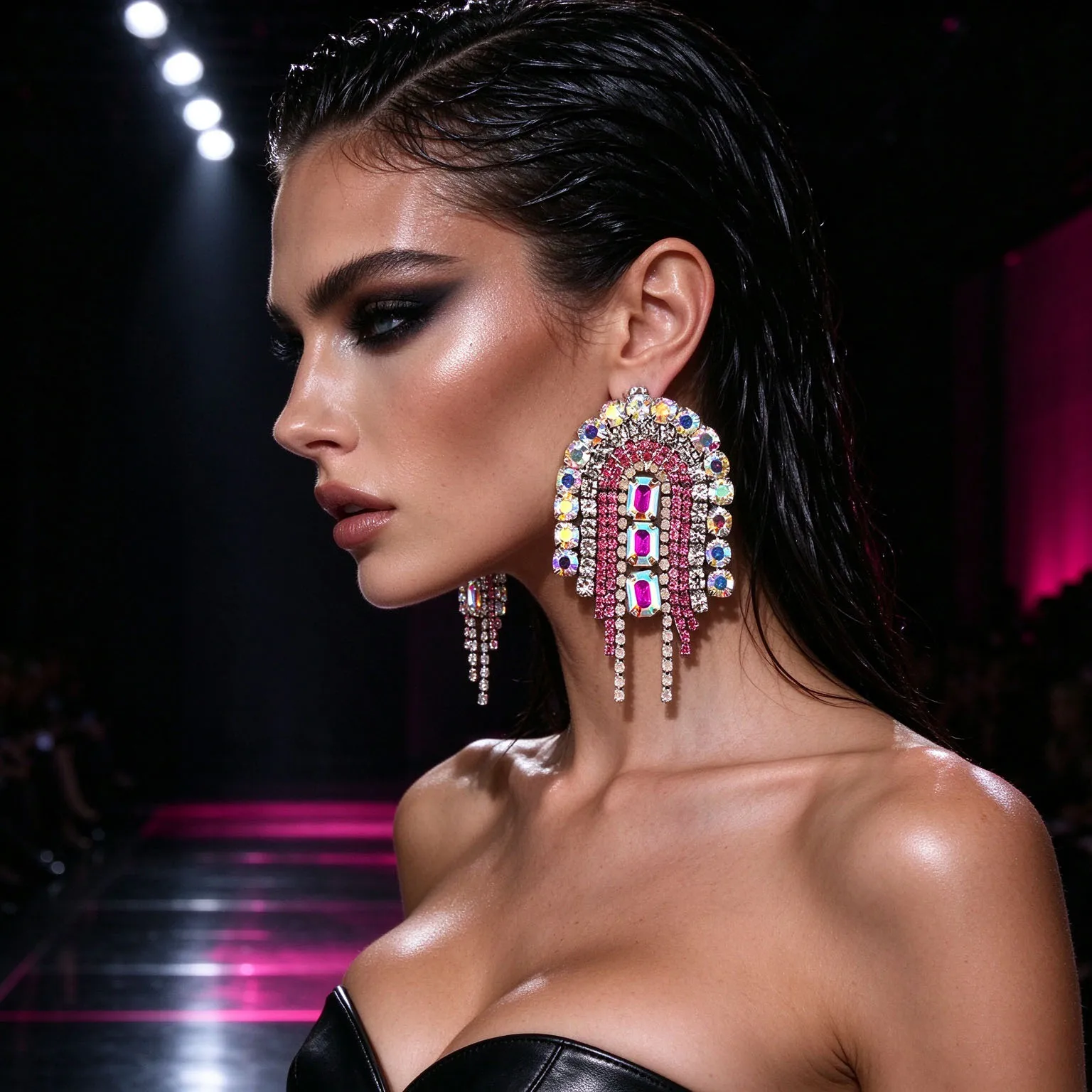 1pc Women Pink AB Rhinestone Arch Tassel Earrings Luxury Crystal Statement Dangle Earrings for Wedding Pageant Evening Party Jew