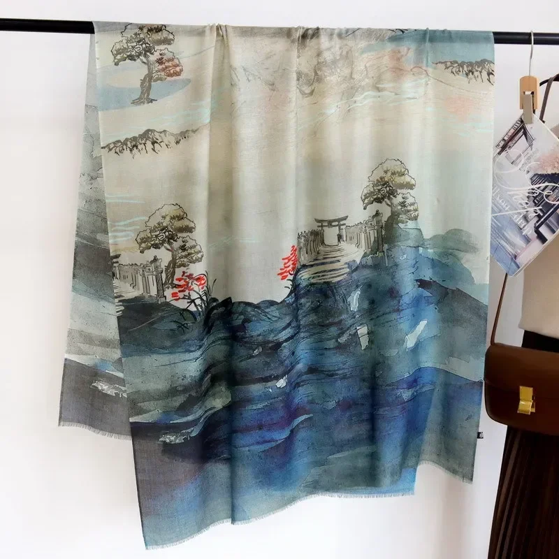 

High-end Elegant Women Fine Chinese Style Landscape Painting Print Quality Water Soluble Wool Handmade Fringe Warm Long Scarf