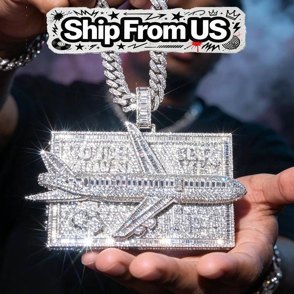 18K Gold Plated Iced Out Airplane Cash Stack Pendant Full Micro Pave Cubic Zirconia Bling Hip Hop Charm Sparkly CZ Plane Money Bill Jewelry for Male Rappers Street Style 3D Wealth Trend Club Party Accessory Fine Jewelry Gifts for Men Boy Friends