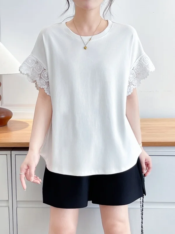 2026 New Lace Splice Short Sleeve T-Shirt Women Loose round Neck Casual Top plus Size Belly Cover Waist Slimming T-Shirt