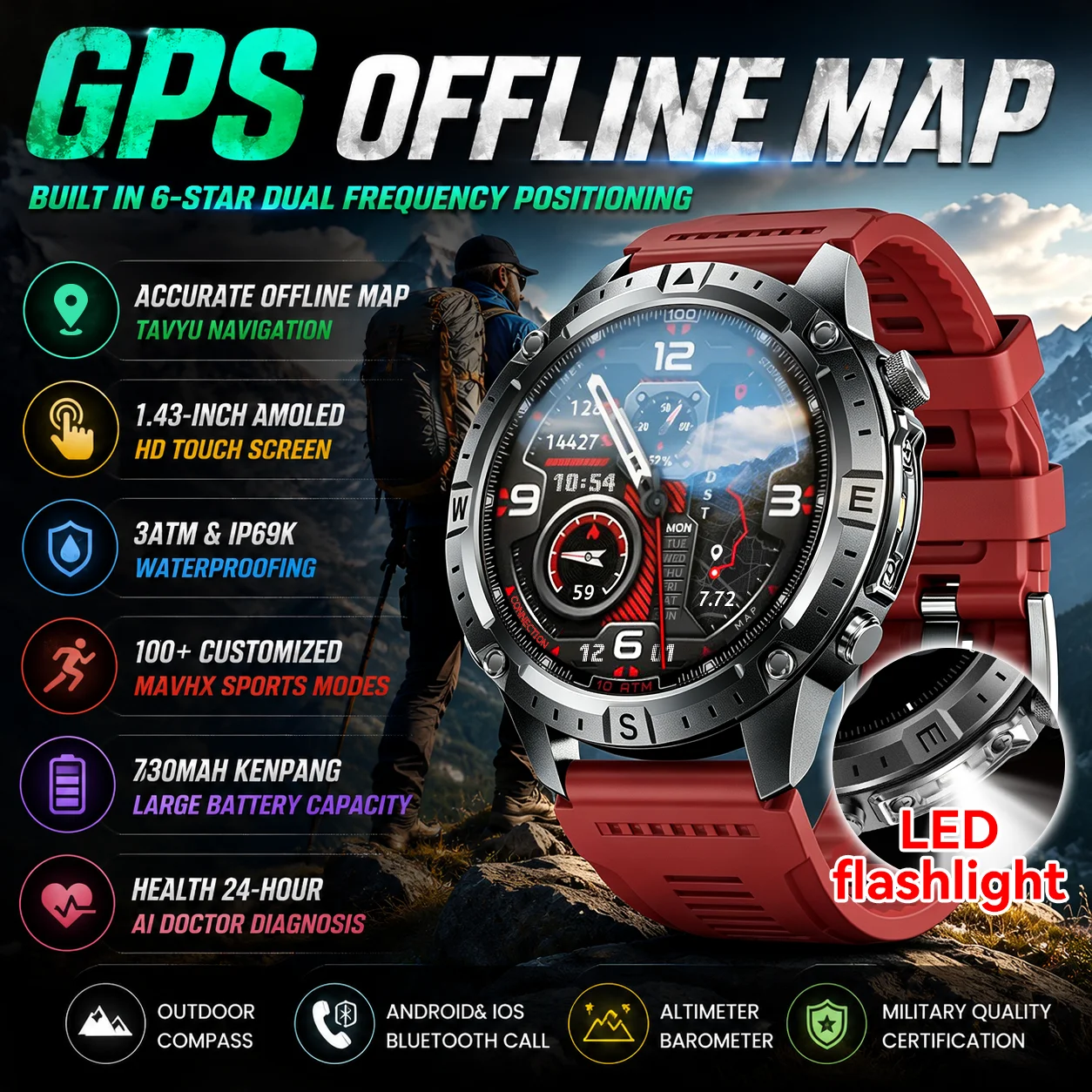 Montre connectée GPS d'extérieur nouvelle génération pour homme avec boussole, altimètre, baromètre, lampe torche LED, appels Bluetooth, étanchéité 3ATM, écran AMOLED HD de 1,43 pouces, 2 Go de mémoire, écouteurs TWS, suivi de la santé (fréquence cardiaque/oxygène sanguin/sommeil)