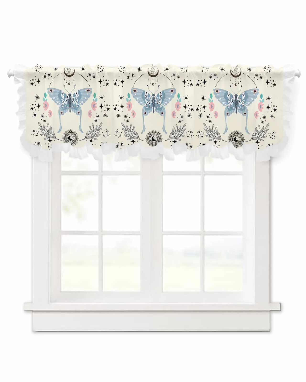 Bohemian Moon Stars Butterfly Short Tulle Half Curtains for Living Room Kitchen Door Cafe Window Sheer Valance Drapes