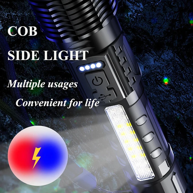 Highpower Multimode Flashlight Emergency Tactical Power Display Light P70/G50 18650 Built-in Rechargeable T6+COB Torch