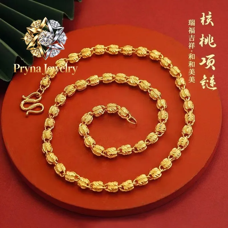 Pryna Jewelry   24K real gold high order new process walnut necklace 9999 pure gold men's overbearing classic pumpkin car flower