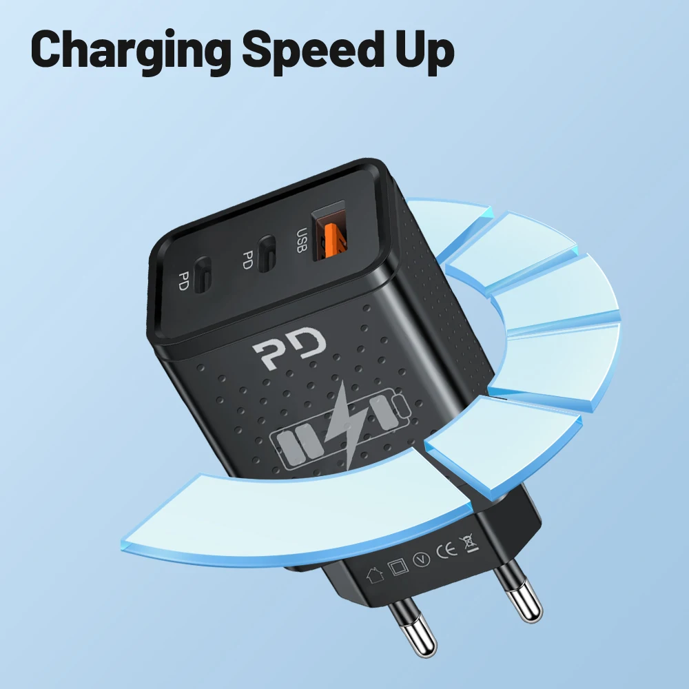 USB Type C Charger Total 45W 3 Ports Fast Charging EU/US Plug Wall Charger For iPhone Samsung Xiaomi Multi Port PD Phone Charger
