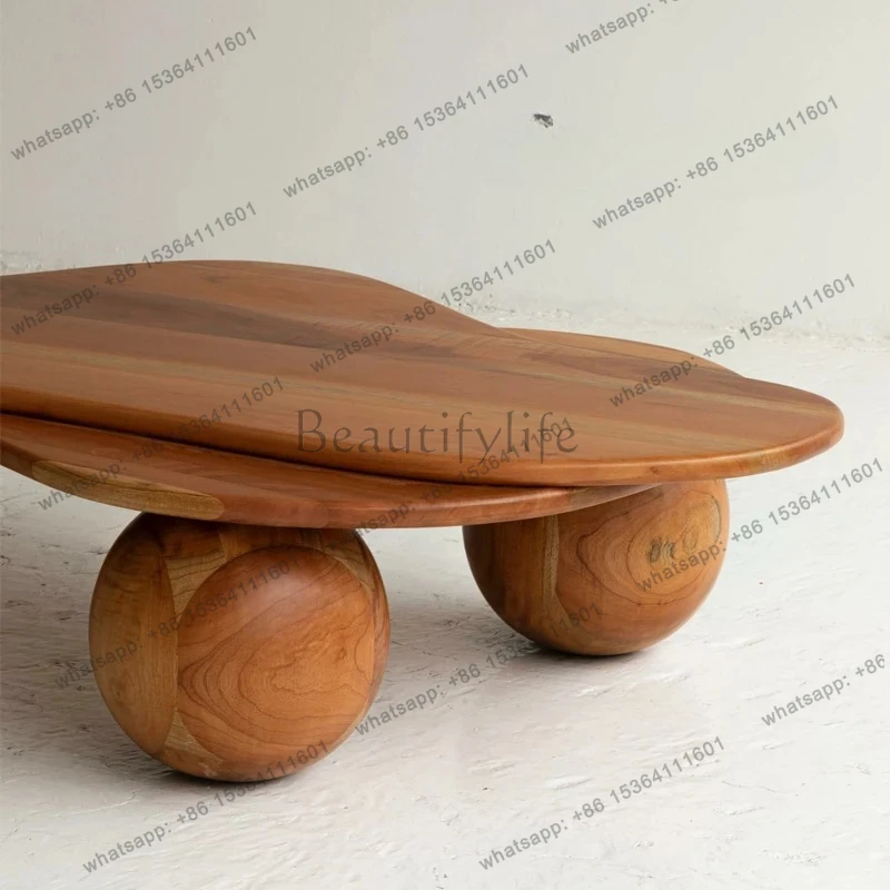 Retro irregular solid wood coffee table simple cream style creative round ball tea table