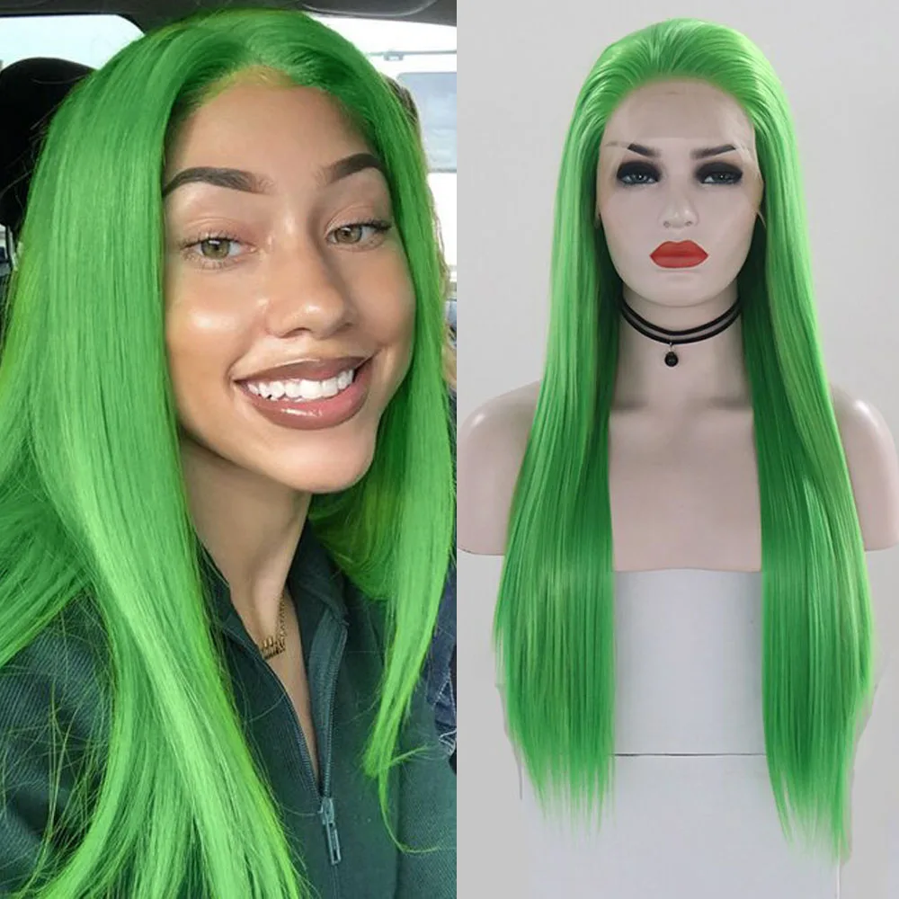 Webster Synthetic Lace Front Wig For Women Green Long Straight Wig Natural Hairline High Temperature Fiber Wigs