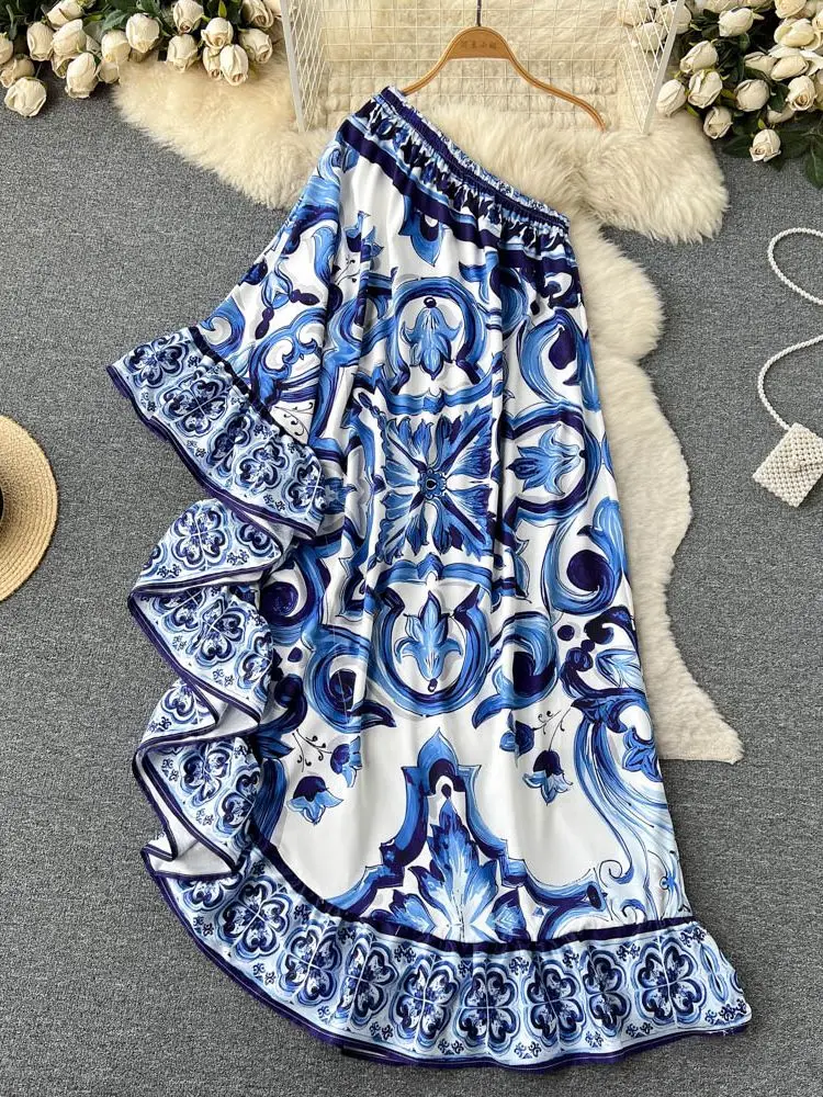 Summer Runway Blue And White Porcelain Asymmetry Long Dress Women Sexy Off The Shoulder Ruffles Hem Loose Robe Maxi Vestidos