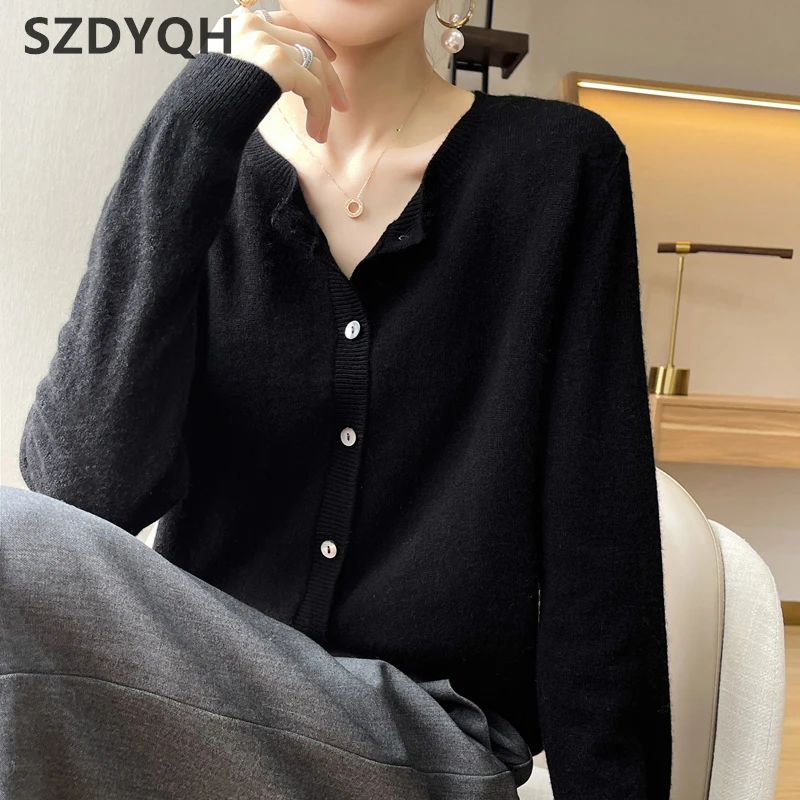 Autumn Women\'s Cardigan 100% Cashmere Knitted Sweater Chic Tops Coat Causal Outwear Full Sleeve Loose Women O-Neck Shirt Spring