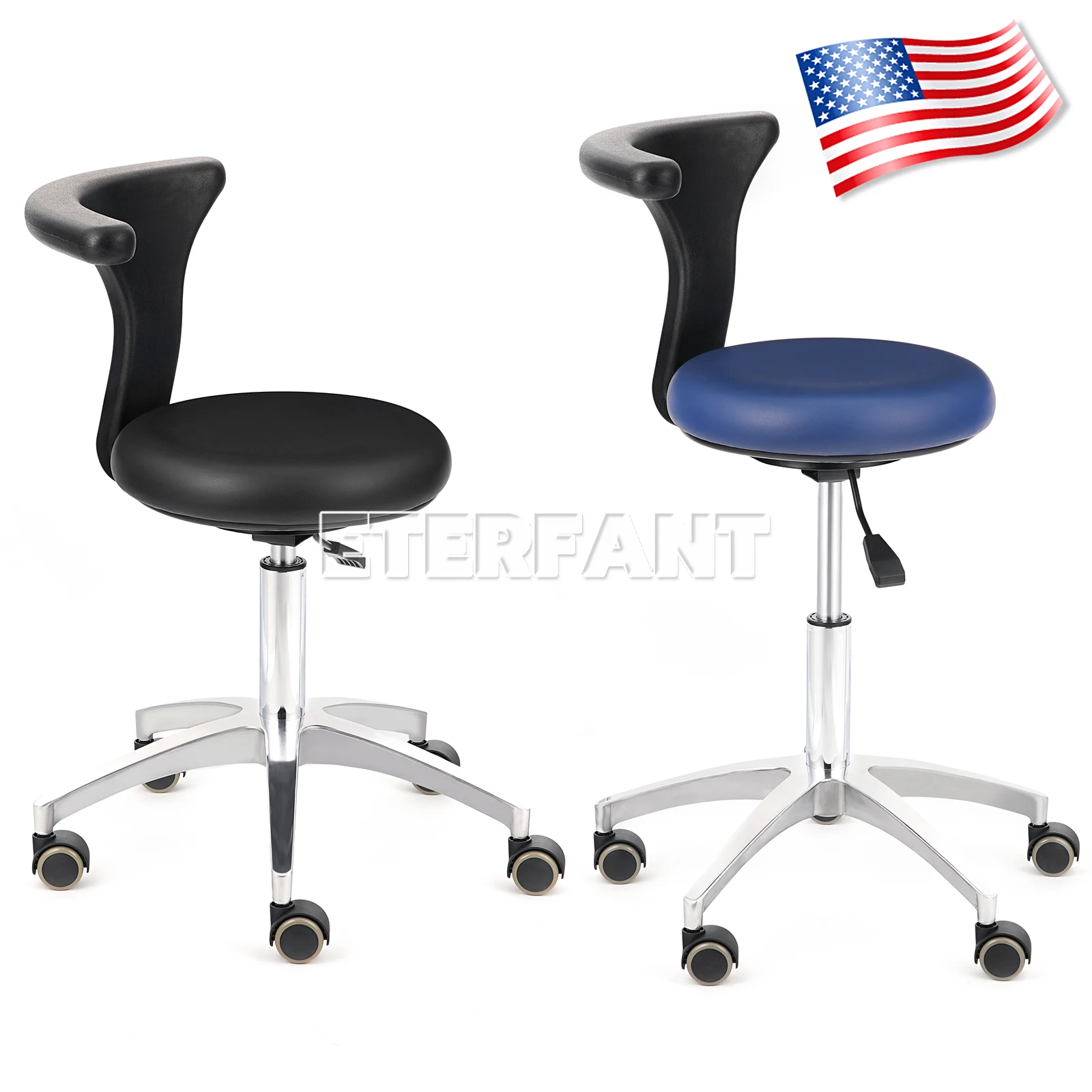 

Медицинский стул-табурет ETERFANT для стоматолога/врача, регулируемый по высоте, на колесиках, из ПУ кожи, вращение на 360° ° Вращающийся элемент синего/черного цвета