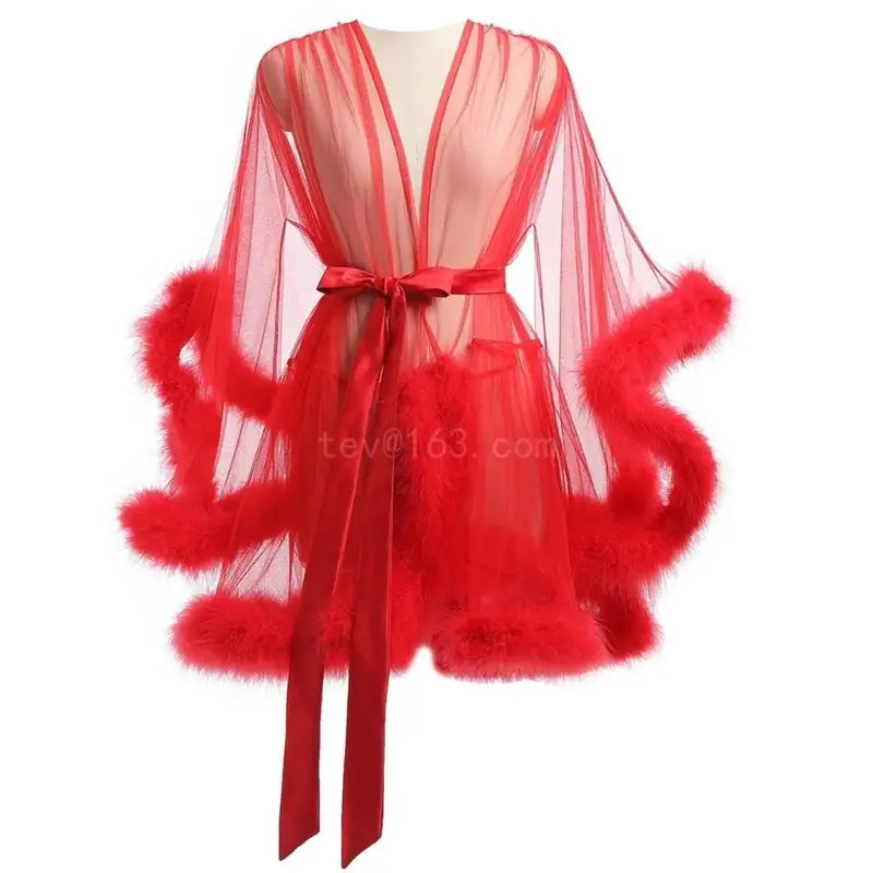 Elegant Sheer Mesh Kimono Robe for Women Chemise Dress with Satins Belt Furry Trim Long Sleeve Lingerie Party Nightgown