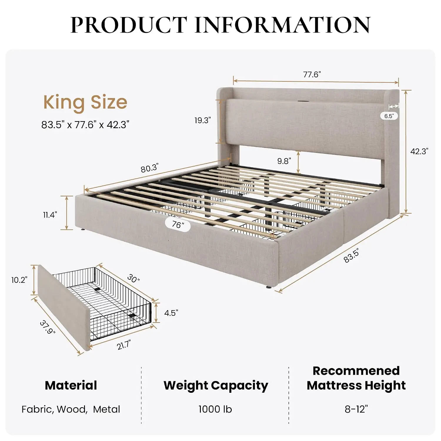 King Size Storage Bed Frame 4 Drawers Wingback Headboard Shelf & Charging Station No Box Spring Easy Assembly Beige, Customized