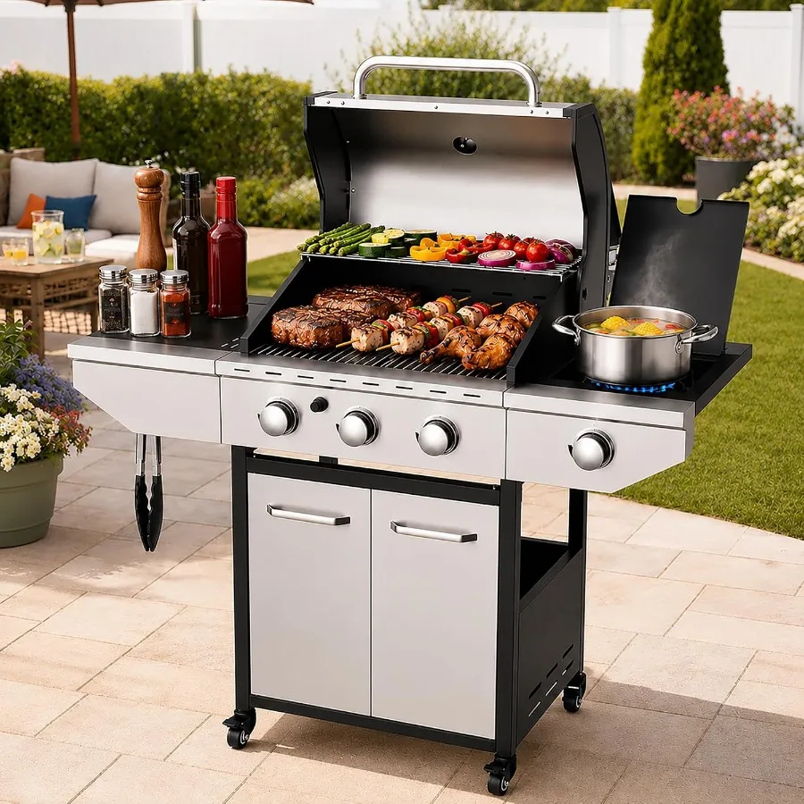 Gas Grill with Side Burner, 40000 BTU Stainless Steel BBQ