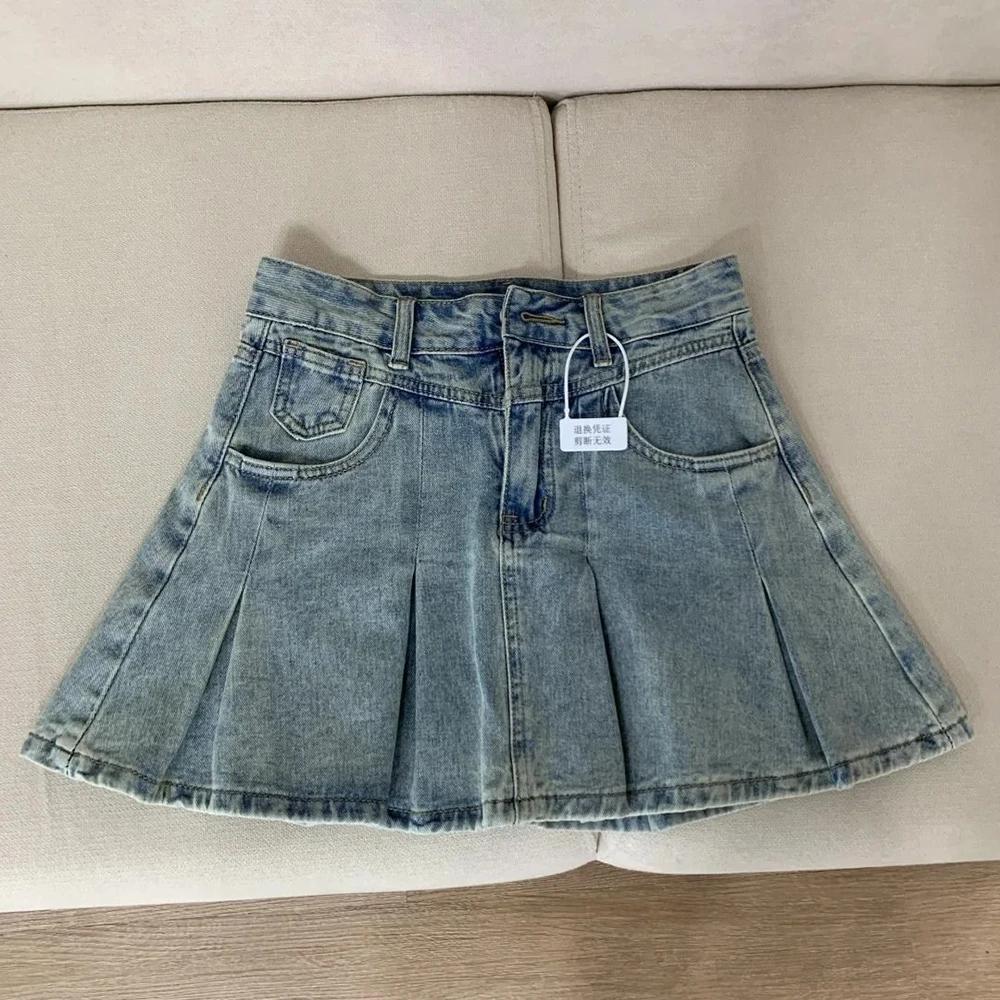 

Модные светло-голубые джинсовые юбки для женщин, летние, в корейском стиле, с высокой талией, А-силуэт, плиссированные, короткие, в стиле Y2K, юбка-шорты