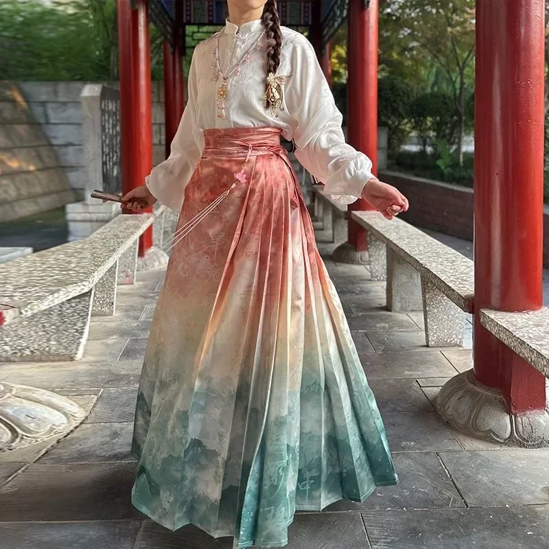 Vrouwen Verbeterde Hanfu Hoge Taille Paard Geplooide Rok Blouse Pak Vintage Chinese Traditionele Ming Dynastie Kostuum