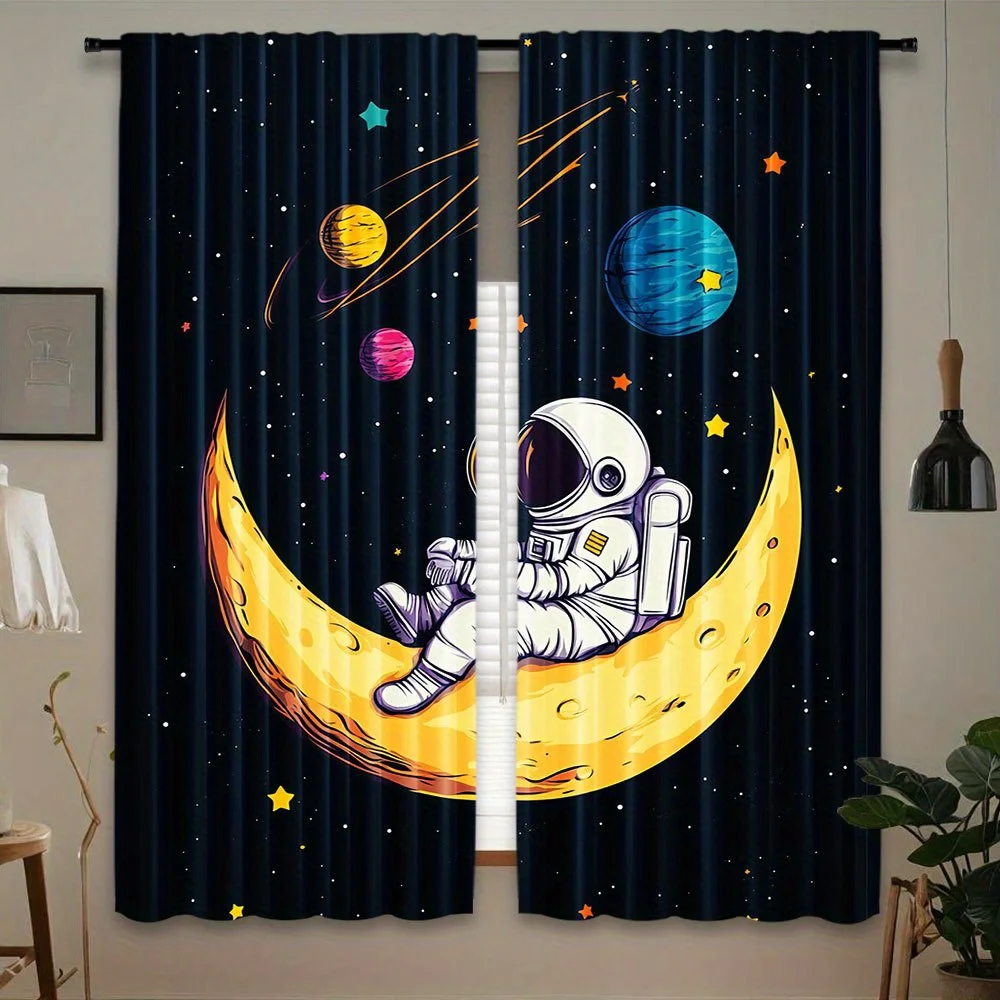 2pcs Cartoon Astronaut on Moon Curtains Space Planet Star Window Drapes for Kids Bedroom Playroom Nursery  Privacy Protection