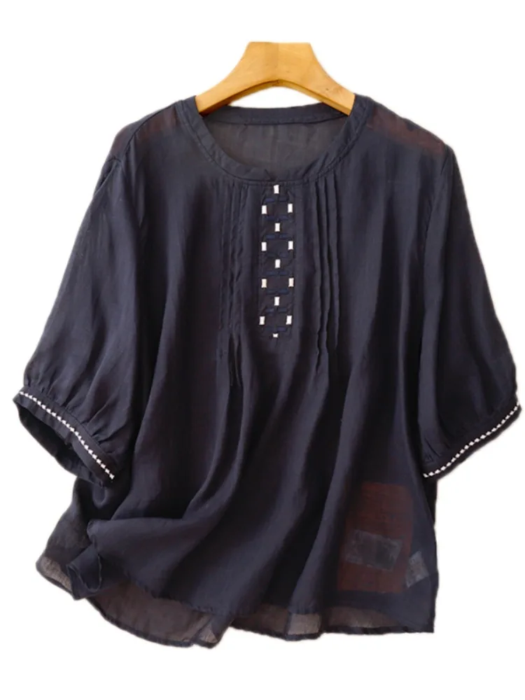 Retro algodón Lino plisado redondo Ne irt mujeres verano alta gama Simple bordado Top Lino ort Sve mamá pequeño irt