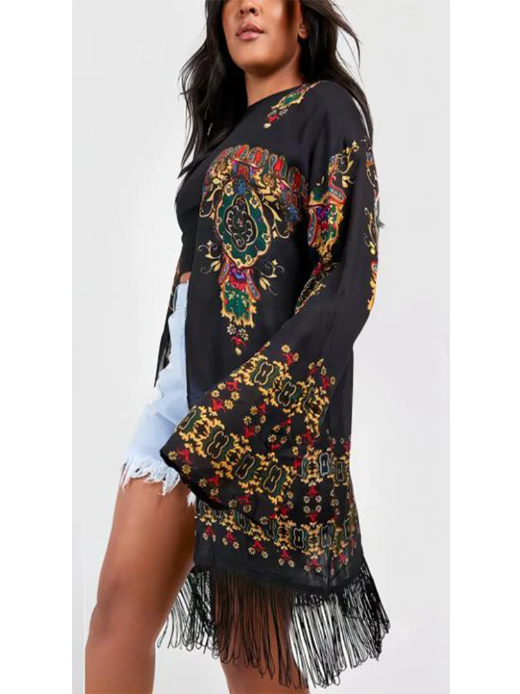 Plus Size Boho Cardigan Women's Casual Floral Print Long Sleeve Fringe Trim Cardigan 2024