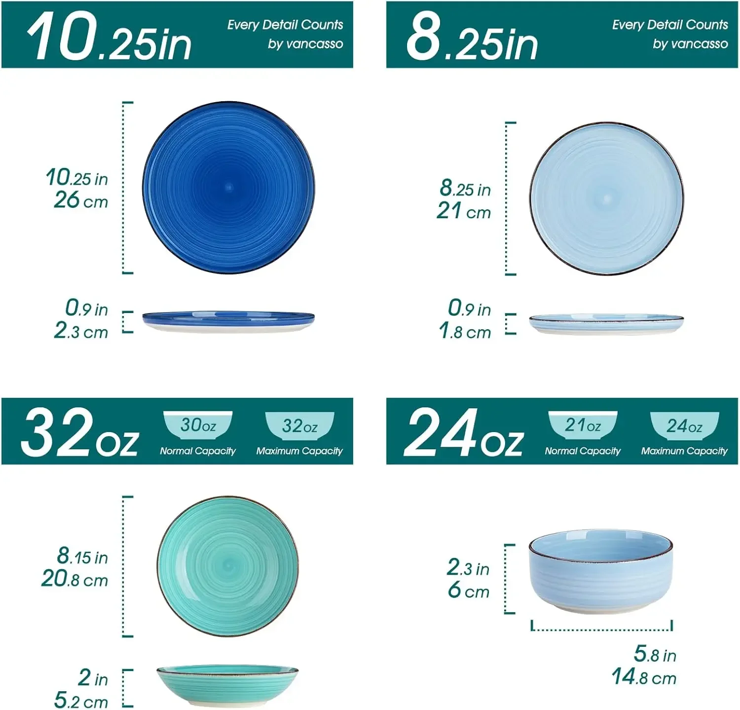 vancasso Bonita Dinnerware Sets 24 Pieces, Blue Stoneware Dishes Set for 6, Dinner Platers with Bowls Set, Dishwasher